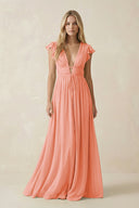 V - Neck A - Line Chiffon Cap Sleeves Bridesmaid Dress in Rosette - KISS BRIDAL Bridesmaid Dresses