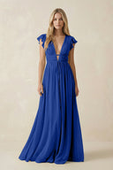 V - Neck A - Line Chiffon Cap Sleeves Bridesmaid Dress in Royal Blue - KISS BRIDAL Bridesmaid Dresses