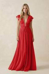V - Neck A - Line Chiffon Cap Sleeves Bridesmaid Dress in Ruby Red - KISS BRIDAL Bridesmaid Dresses