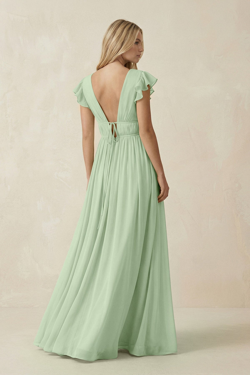 V - Neck A - Line Chiffon Cap Sleeves Bridesmaid Dress in Sage - SHE IS ME Bridesmaid Dresses