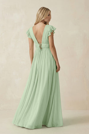 V - Neck A - Line Chiffon Cap Sleeves Bridesmaid Dress in Sage - SHE IS ME Bridesmaid Dresses