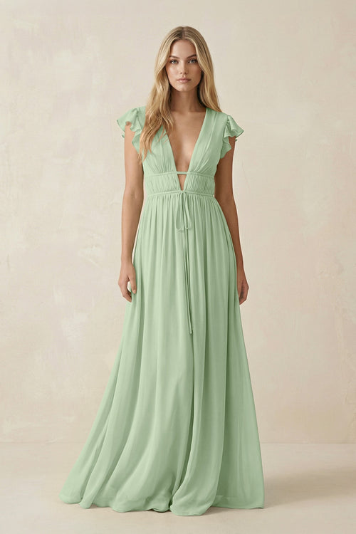 V - Neck A - Line Chiffon Cap Sleeves Bridesmaid Dress in Sage - SHE IS ME Bridesmaid Dresses