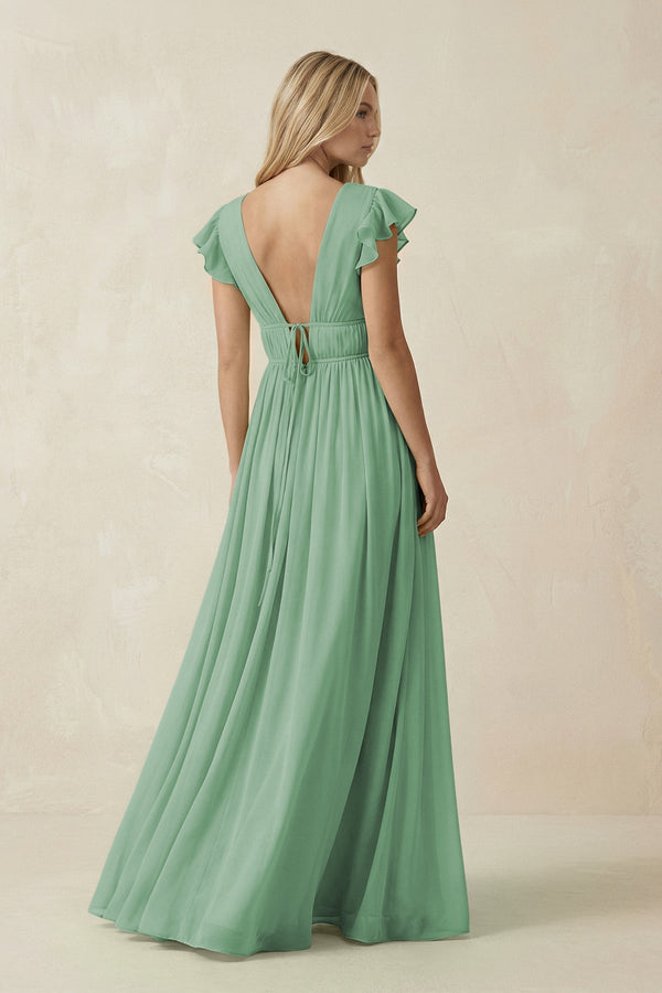 V - Neck A - Line Chiffon Cap Sleeves Bridesmaid Dress in Sea Glass - SHE IS ME Bridesmaid Dresses
