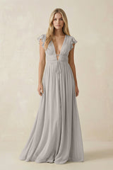 V - Neck A - Line Chiffon Cap Sleeves Bridesmaid Dress in Silver - KISS BRIDAL Bridesmaid Dresses