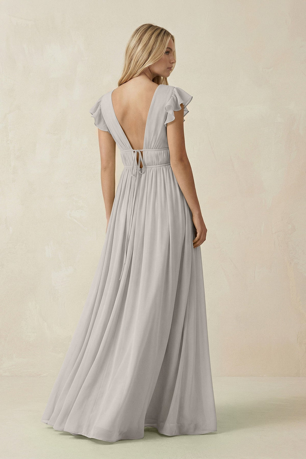 V - Neck A - Line Chiffon Cap Sleeves Bridesmaid Dress in Silver - KISS BRIDAL Bridesmaid Dresses