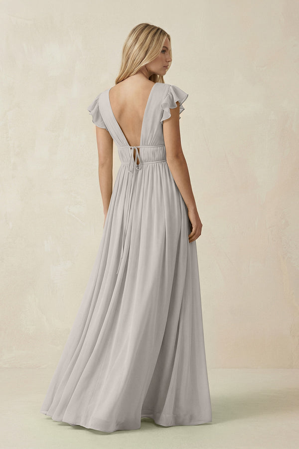 V - Neck A - Line Chiffon Cap Sleeves Bridesmaid Dress in Silver - KISS BRIDAL Bridesmaid Dresses
