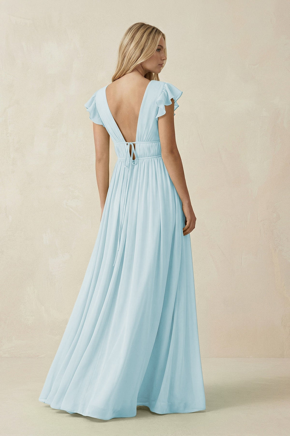 V - Neck A - Line Chiffon Cap Sleeves Bridesmaid Dress in Sky Blue - KISS BRIDAL Bridesmaid Dresses