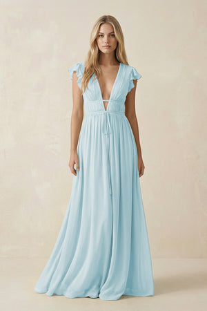 V - Neck A - Line Chiffon Cap Sleeves Bridesmaid Dress in Sky Blue - KISS BRIDAL Bridesmaid Dresses