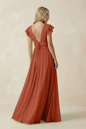 V - Neck A - Line Chiffon Cap Sleeves Bridesmaid Dress in Spice - SHE IS ME Bridesmaid Dresses