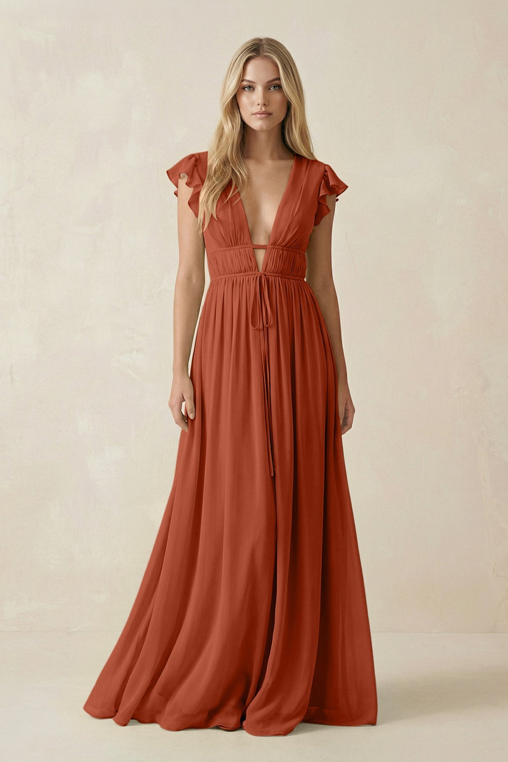 V - Neck A - Line Chiffon Cap Sleeves Bridesmaid Dress in Spice - KISS BRIDAL Bridesmaid Dresses
