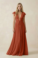 V - Neck A - Line Chiffon Cap Sleeves Bridesmaid Dress in Spice - KISS BRIDAL Bridesmaid Dresses