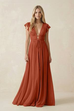 V - Neck A - Line Chiffon Cap Sleeves Bridesmaid Dress in Spice - SHE IS ME Bridesmaid Dresses