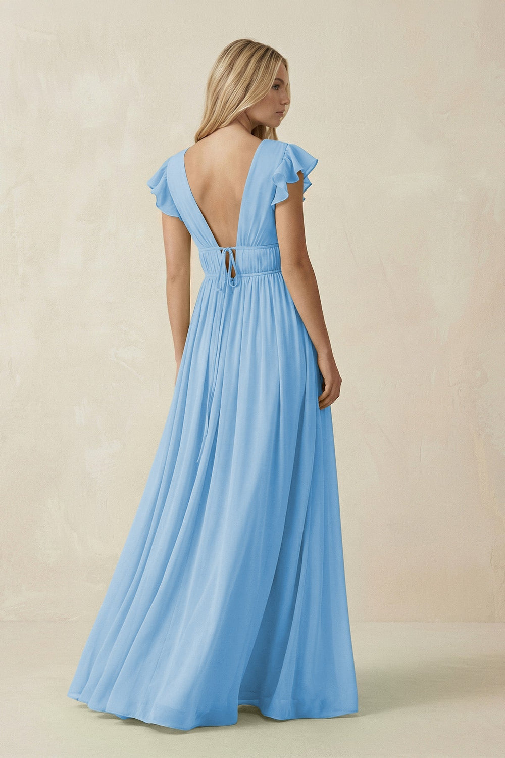 V - Neck A - Line Chiffon Cap Sleeves Bridesmaid Dress in Steel Blue - KISS BRIDAL Bridesmaid Dresses