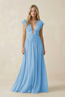 V - Neck A - Line Chiffon Cap Sleeves Bridesmaid Dress in Steel Blue - SHE IS ME Bridesmaid Dresses