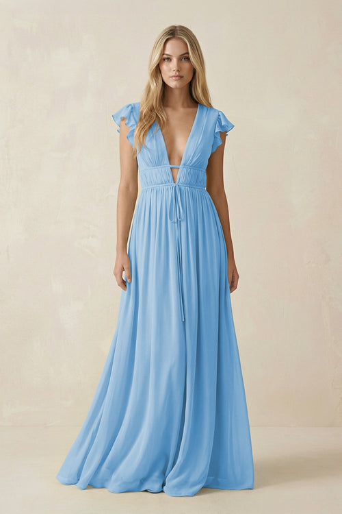 V - Neck A - Line Chiffon Cap Sleeves Bridesmaid Dress in Steel Blue - SHE IS ME Bridesmaid Dresses