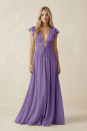 V - Neck A - Line Chiffon Cap Sleeves Bridesmaid Dress in Tahiti - SHE IS ME Bridesmaid Dresses