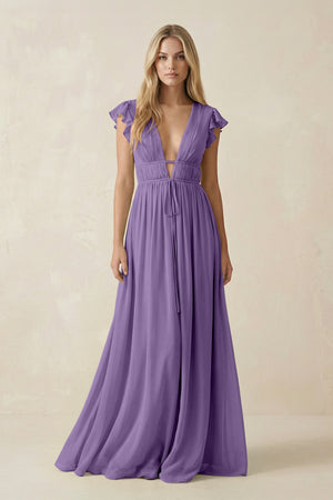 V - Neck A - Line Chiffon Cap Sleeves Bridesmaid Dress in Tahiti - SHE IS ME Bridesmaid Dresses