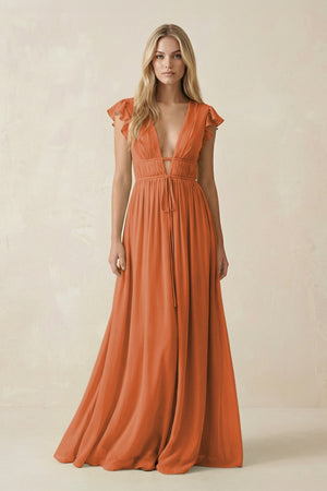 V - Neck A - Line Chiffon Cap Sleeves Bridesmaid Dress in Terracotta - KISS BRIDAL Bridesmaid Dresses