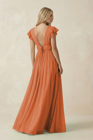 V - Neck A - Line Chiffon Cap Sleeves Bridesmaid Dress in Terracotta - KISS BRIDAL Bridesmaid Dresses