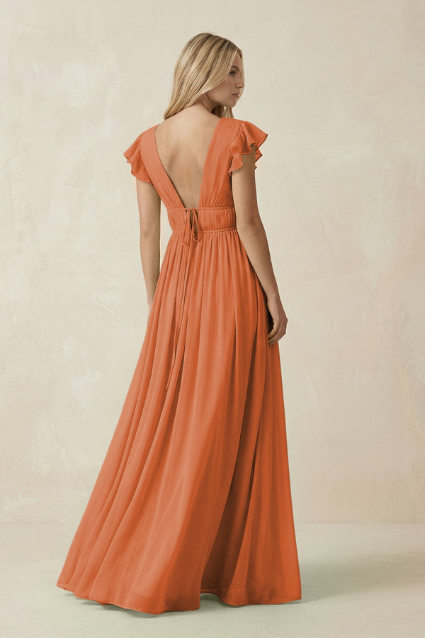 V - Neck A - Line Chiffon Cap Sleeves Bridesmaid Dress in Terracotta - KISS BRIDAL Bridesmaid Dresses