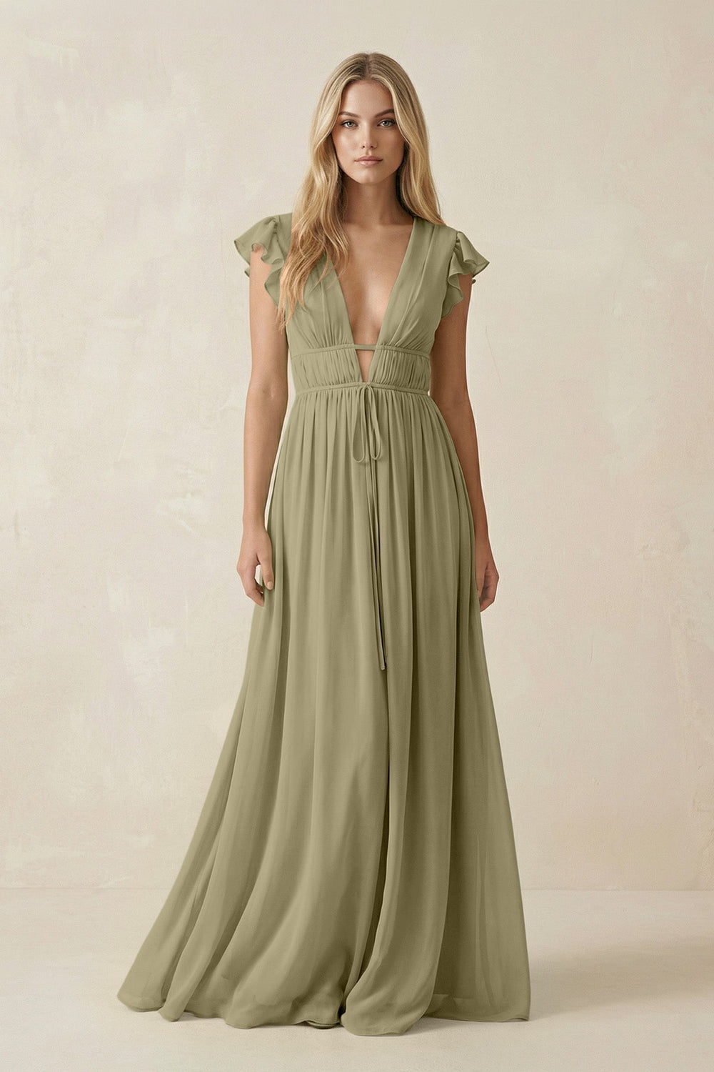 V - Neck A - Line Chiffon Cap Sleeves Bridesmaid Dress in Thyme - SHE IS ME Bridesmaid Dresses