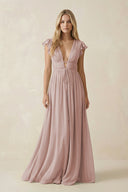 V - Neck A - Line Chiffon Cap Sleeves Bridesmaid Dress in Toffee - KISS BRIDAL Bridesmaid Dresses