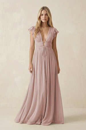 V - Neck A - Line Chiffon Cap Sleeves Bridesmaid Dress in Toffee - KISS BRIDAL Bridesmaid Dresses