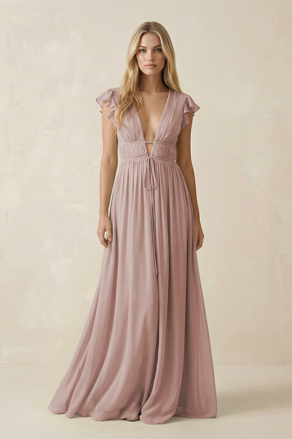 V-Neck A-Line Chiffon Cap Sleeves Bridesmaid Dress in Toffee
