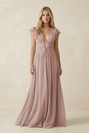 V-Neck A-Line Chiffon Cap Sleeves Bridesmaid Dress in Toffee | KISSBRIDAL