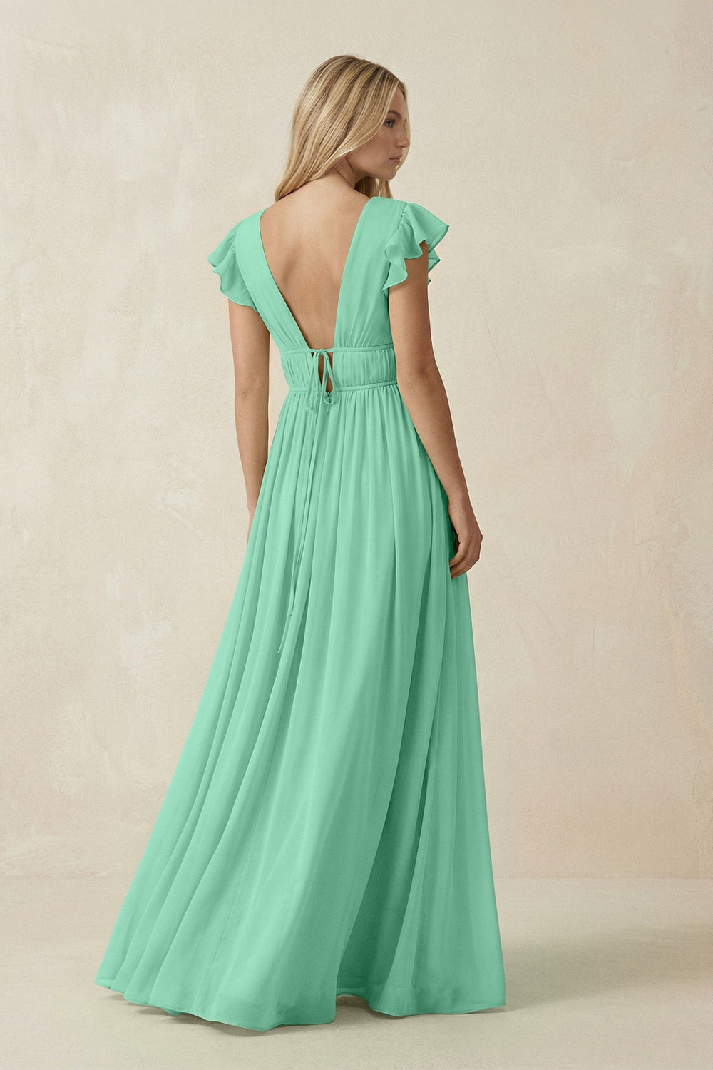 V - Neck A - Line Chiffon Cap Sleeves Bridesmaid Dress in Turquoise - KISS BRIDAL Bridesmaid Dresses
