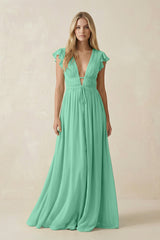 V - Neck A - Line Chiffon Cap Sleeves Bridesmaid Dress in Turquoise - KISS BRIDAL Bridesmaid Dresses