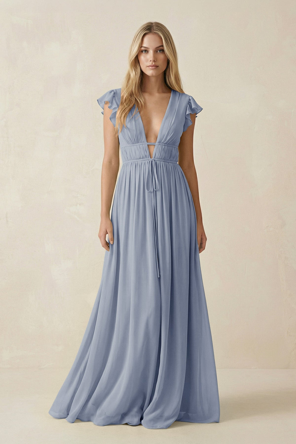 V - Neck A - Line Chiffon Cap Sleeves Bridesmaid Dress in Twilight - KISS BRIDAL Bridesmaid Dresses