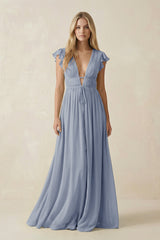 V - Neck A - Line Chiffon Cap Sleeves Bridesmaid Dress in Twilight - KISS BRIDAL Bridesmaid Dresses