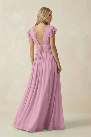 V - Neck A - Line Chiffon Cap Sleeves Bridesmaid Dress in Vintage Mauve - KISS BRIDAL Bridesmaid Dresses