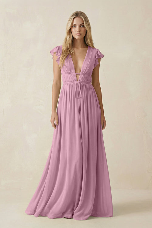 V - Neck A - Line Chiffon Cap Sleeves Bridesmaid Dress in Vintage Mauve - KISS BRIDAL Bridesmaid Dresses