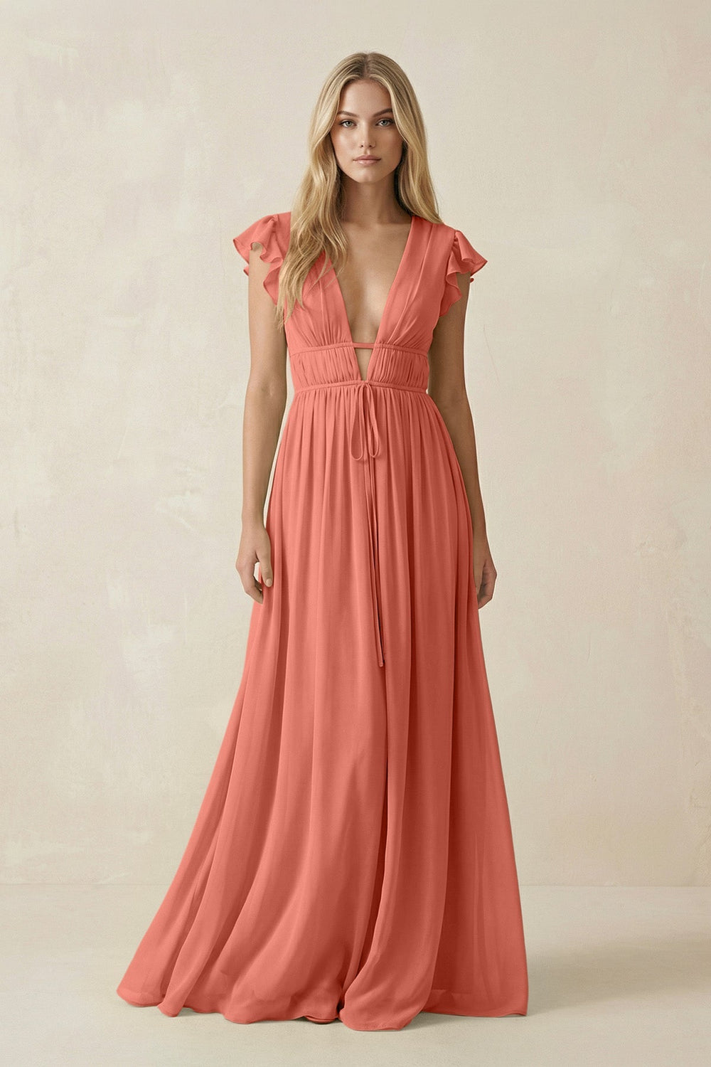 V - Neck A - Line Chiffon Cap Sleeves Bridesmaid Dress in Wild Rose - KISS BRIDAL Bridesmaid Dresses