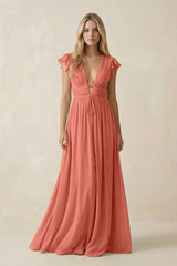 V - Neck A - Line Chiffon Cap Sleeves Bridesmaid Dress in Wild Rose - KISS BRIDAL Bridesmaid Dresses