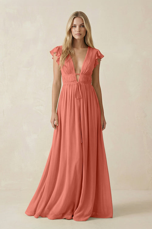 V - Neck A - Line Chiffon Cap Sleeves Bridesmaid Dress in Wild Rose - KISS BRIDAL Bridesmaid Dresses