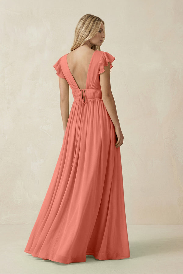 V - Neck A - Line Chiffon Cap Sleeves Bridesmaid Dress in Wild Rose - KISS BRIDAL Bridesmaid Dresses