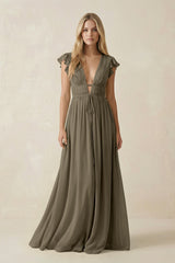 V - Neck A - Line Chiffon Cap Sleeves Bridesmaid Dress in Willow Green - KISS BRIDAL Bridesmaid Dresses
