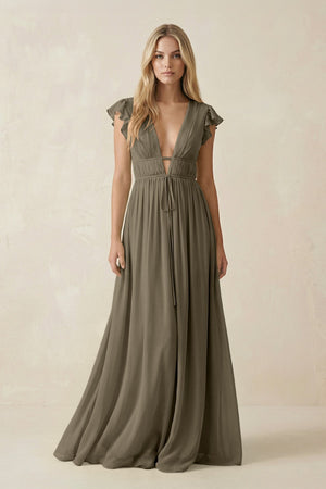 V - Neck A - Line Chiffon Cap Sleeves Bridesmaid Dress in Willow Green - KISS BRIDAL Bridesmaid Dresses