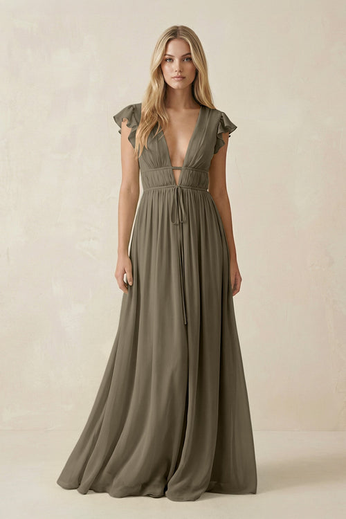 V - Neck A - Line Chiffon Cap Sleeves Bridesmaid Dress in Willow Green - KISS BRIDAL Bridesmaid Dresses