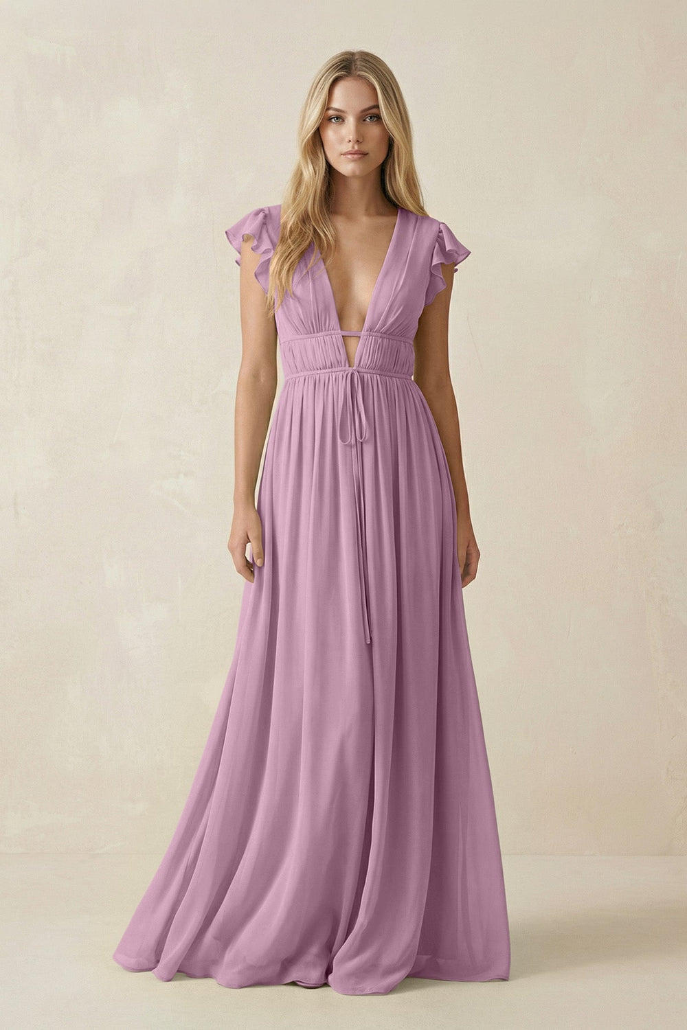 V - Neck A - Line Chiffon Cap Sleeves Bridesmaid Dress in Wisteria - KISS BRIDAL Bridesmaid Dresses