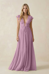 V - Neck A - Line Chiffon Cap Sleeves Bridesmaid Dress in Wisteria - KISS BRIDAL Bridesmaid Dresses