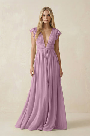 V - Neck A - Line Chiffon Cap Sleeves Bridesmaid Dress in Wisteria - KISS BRIDAL Bridesmaid Dresses