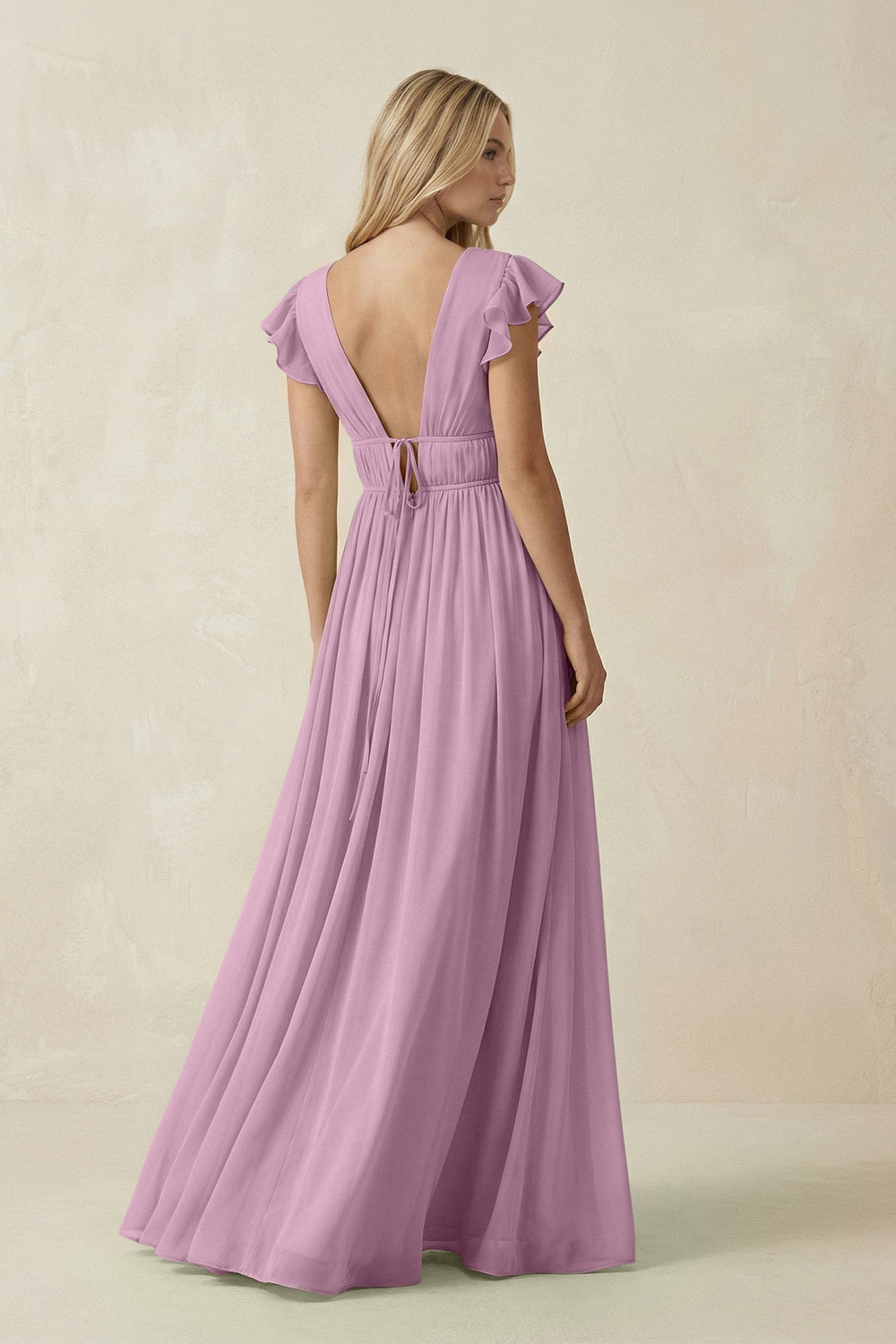 V - Neck A - Line Chiffon Cap Sleeves Bridesmaid Dress in Wisteria - KISS BRIDAL Bridesmaid Dresses