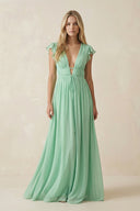 V - Neck A - Line Chiffon Cap Sleeves Long Bridesmaid Dress - SHE IS ME Bridesmaid Dresses