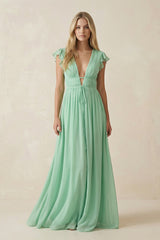 V - Neck A - Line Chiffon Cap Sleeves Long Bridesmaid Dress - KISS BRIDAL Bridesmaid Dresses