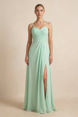 V-Neck A-Line Chiffon Pleated Bridesmaid Dress in Pale Pistachio - KISS BRIDAL BRIDESMAID DRESSES