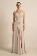 V - Neck A - Line Chiffon Pleated Bridesmaid Dress in Almond - SHE IS ME Bridesmaid Dresses